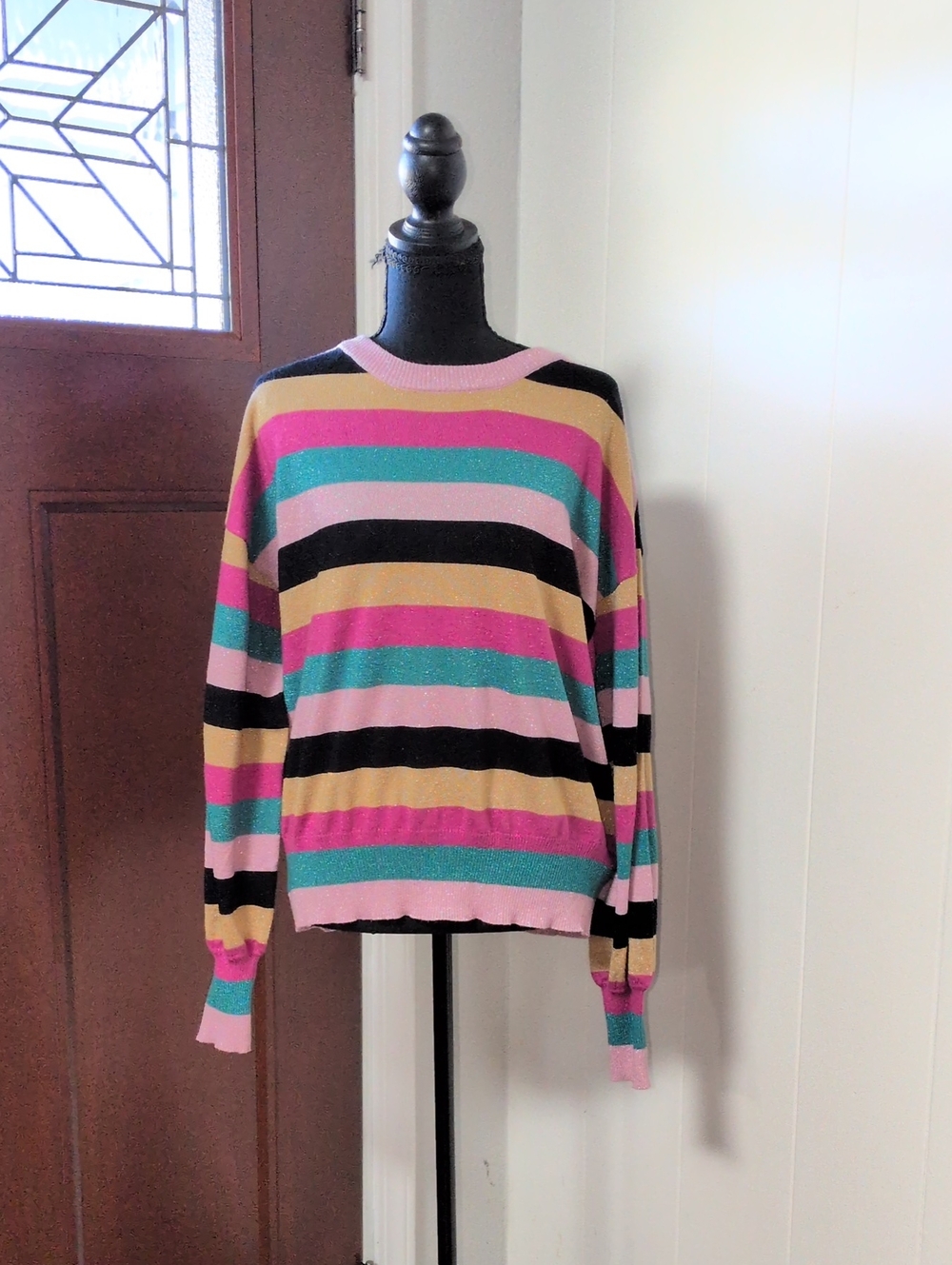Striped Lightweight Knit Sweater in Pink, Teal, Mustard & Black
